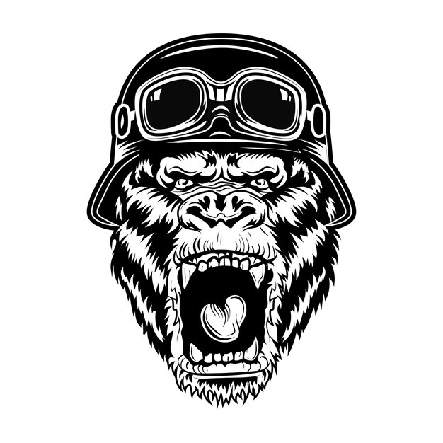 Angry gorilla vector illustration. Head of roaring animal wearing bikers helmet