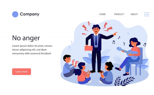 Uomo arrabbiato che grida a bambini e donna. layout del modello di sito web