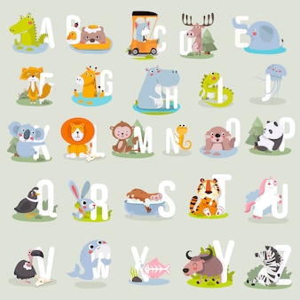 Animal alphabet graphic a to z. cute vector zoo alphabet with animals in cartoon style.