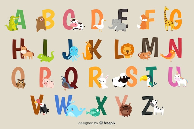 Vettore gratuito alfabeto animale su uno sfondo grigio