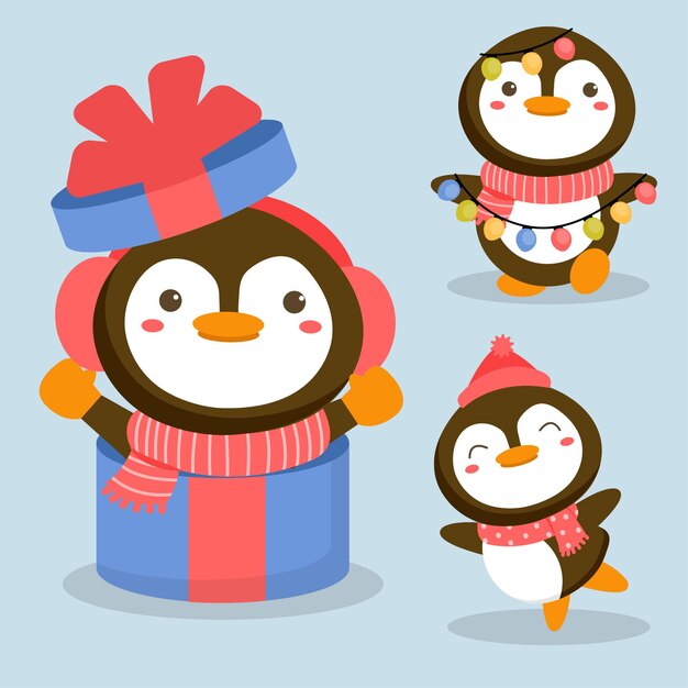 Animal character set with penguin and gift box