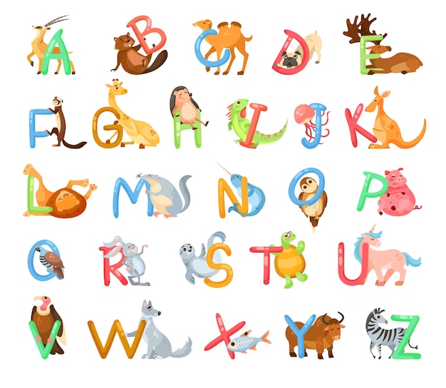 Animal characters with alphabet letters vector illustrations set. Collection of cute comic zoo animals with ABC for preschool children book isolated on white background. Education, wildlife concept