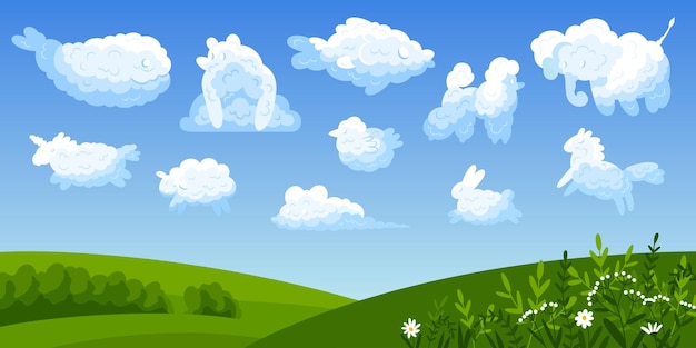 Ландшафтная композиция облаков животных различных милых животных в облачной форме на векторной иллюстрации голубого неба