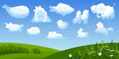 Бесплатное векторное изображение Ландшафтная композиция облаков животных различных милых животных в облачной форме на векторной иллюстрации голубого неба