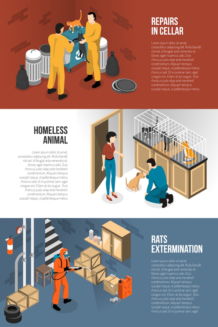 Free Vector animal control isometric horizontal banners 