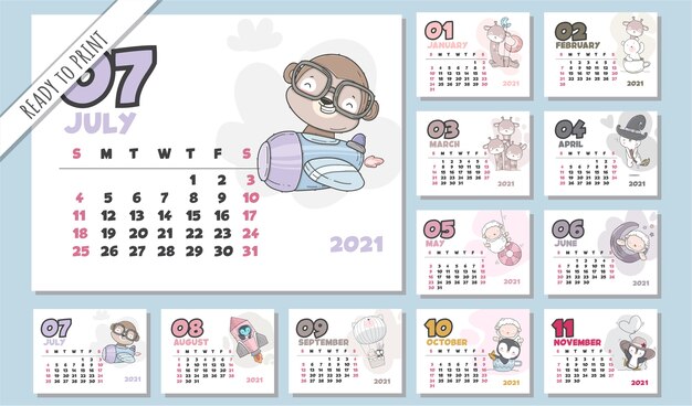 Premium Vector Cute 2021 Calendar Yearly Planner Calendar With All Months panda waste calendar 2021