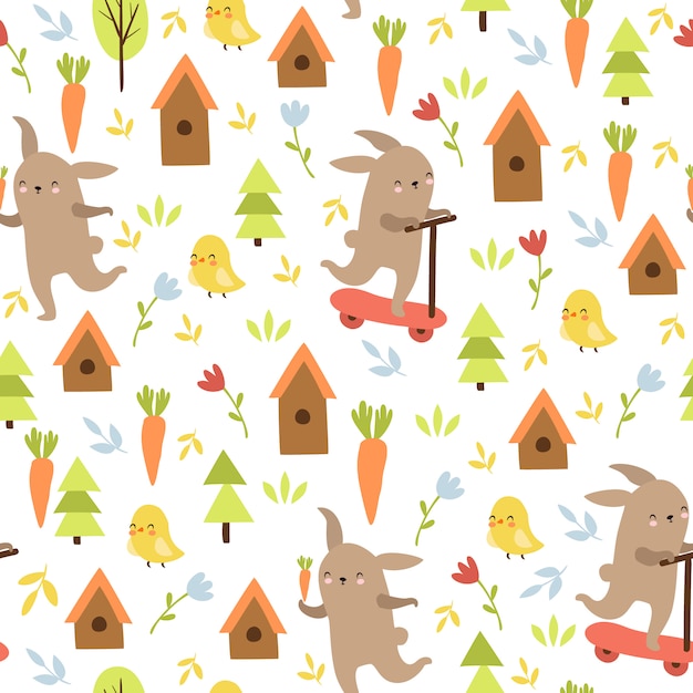 Free vector animal doodle pattern, hare, chicken