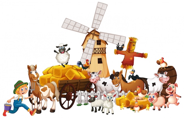 Free vector animal farm with windmill cartoon style isolated