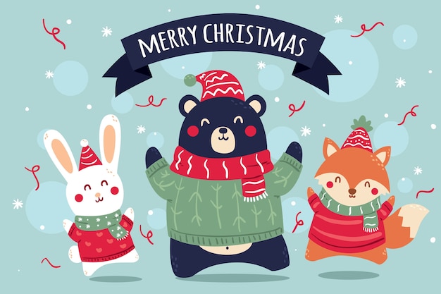 Free vector animal friends enjoying christmas