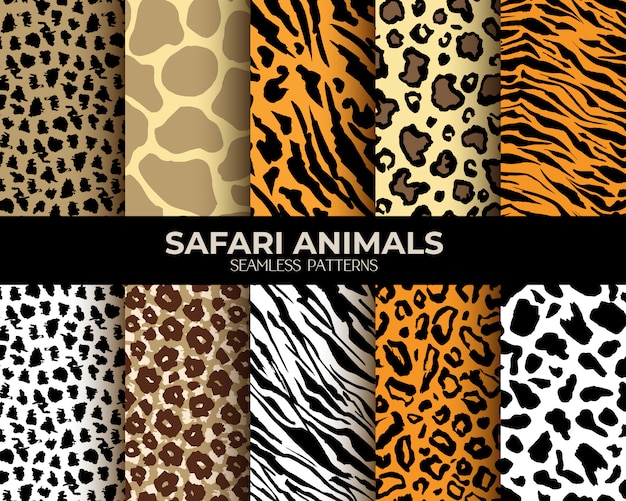 Animal fur seamless patterns leopard, tiger, zebra