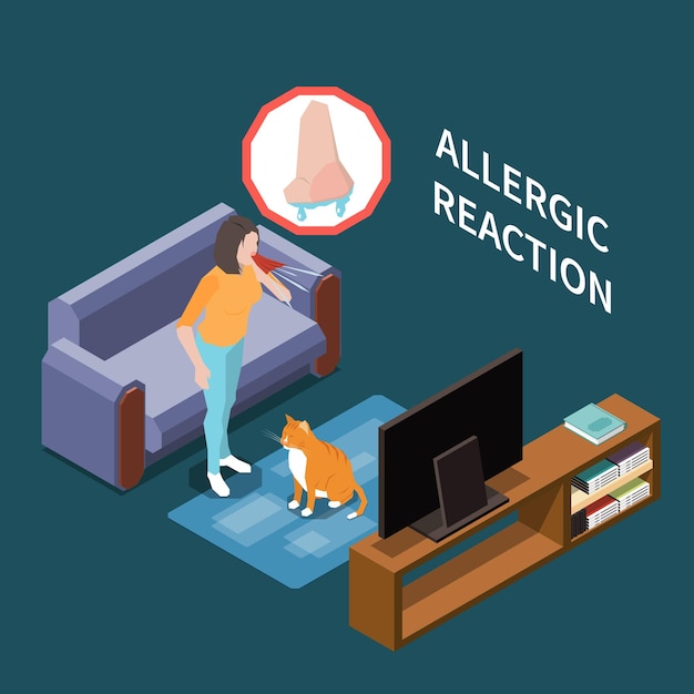 Animal hair allergies isometric composition with cat owner runny nose allergic reaction symptom interior objects vector illustration