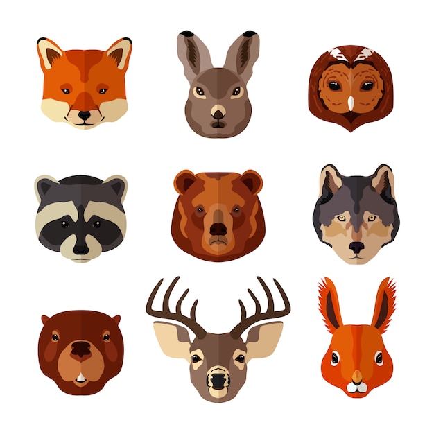 Free vector animal heads set on flat style