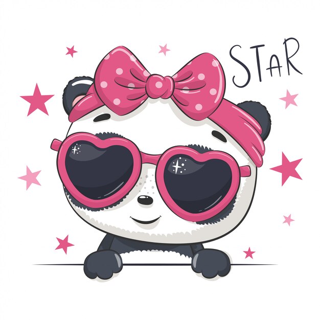 メガネのかわいい女の子のパンダと動物のイラスト プレミアムベクター