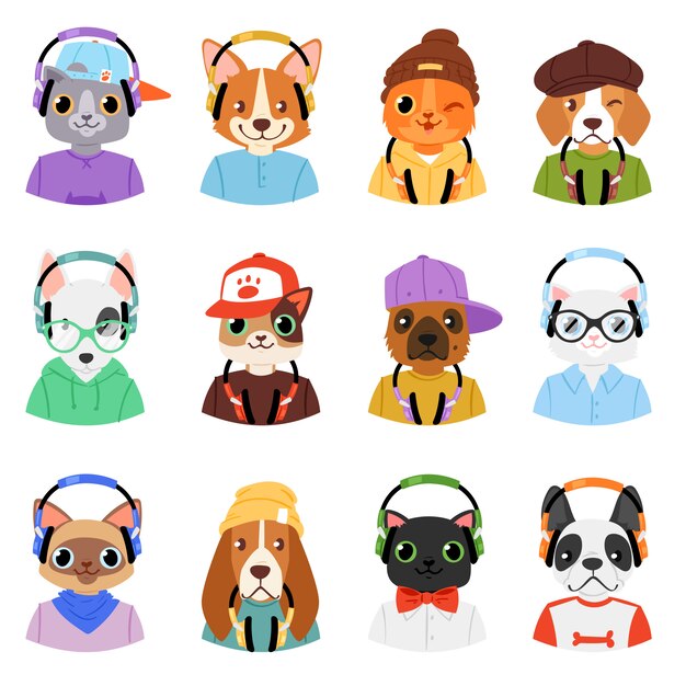 白い背景のヘッドギアまたはイヤホンで漫画の野生の犬とキティdjの音楽イラストセットを聞いてイヤホンでヘッドフォン動物的キャラクター猫または犬の動物 プレミアムベクター