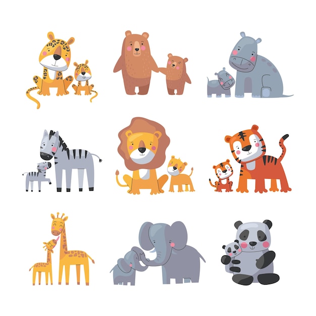 Animal mom and baby, cute cartoon family set