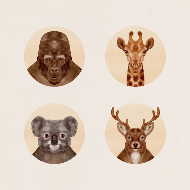 Free vector animal portrait watercolor illustration set