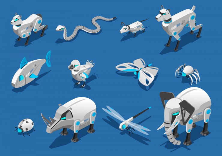 Free Vector animal robots isometric icons set with  pets companions automated birds dragonflies insects spider elephant rhinoceros