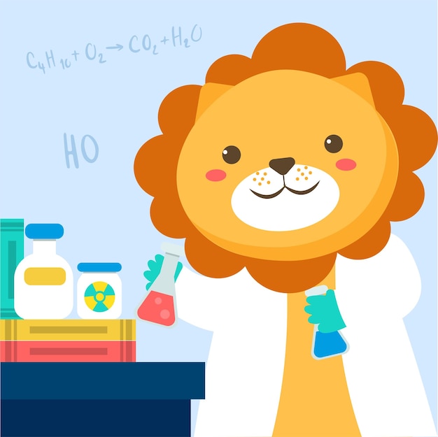 The Animal scientist wearing white coat in laboratory with test tube chemistry sign and science equipment in cartoon character for graphic designer Vector illustration