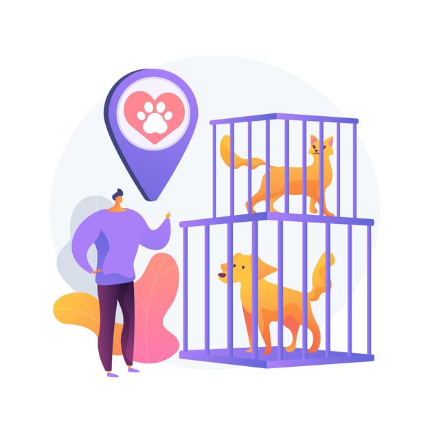 動物保護施設の抽象的な概念図。動物の救助、ペットの養子縁組プロセス、友人を選ぶ、虐待からの救済、寄付、シェルターサービス、ボランティア組織