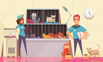 免费矢量与宠物动物收容所水平说明平坐在笼子里,志愿者喂养动物