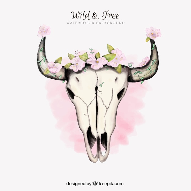 Free vector animal skull with flowers in watercolor style