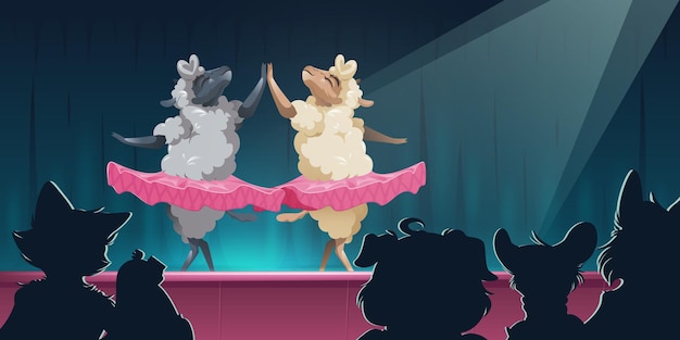 Animal theater with sheep in tutu dancing ballet