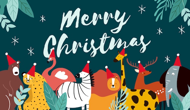 Free vector animal theme merry christmas card vector