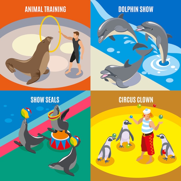 Vettore gratuito il delfino e le foche da clown di addestramento degli animali mostrano composizioni isometriche