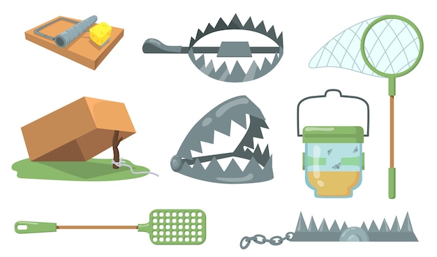 Animal traps set. mouse trap, metal bear trap, butterfly net isolated . cartoon vector illustration for hunting, animal catching, cruelty concept