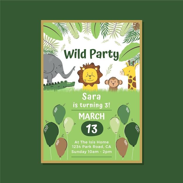 Free vector animals birthday invitation template