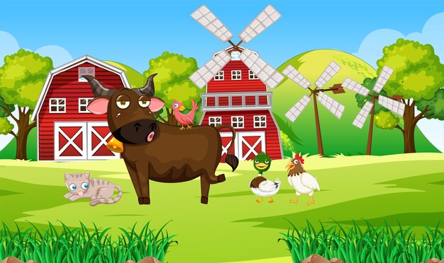 Animals in farm landscape