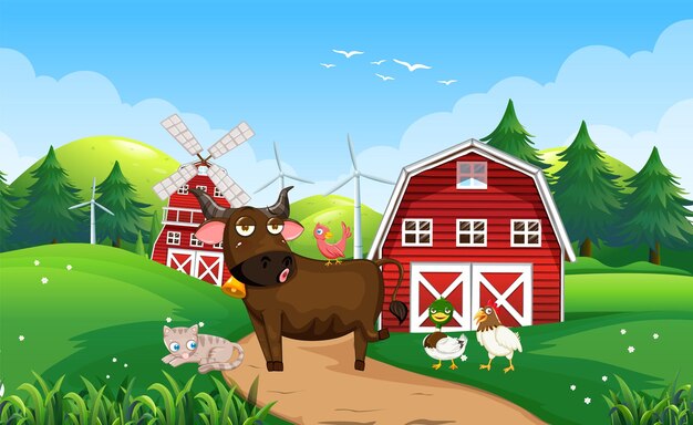 Animals in farm landscape