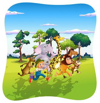 Animals and farmer running in nature