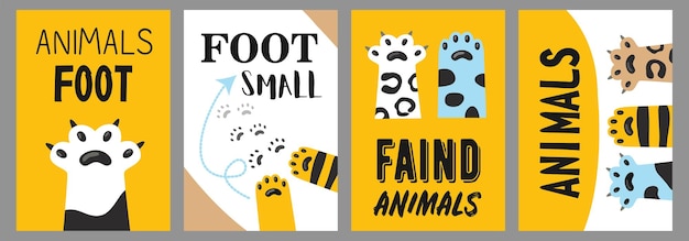 動物の足のポスターセット。白と黄色の背景にテキストと猫の足と爪のイラスト。漫画イラスト