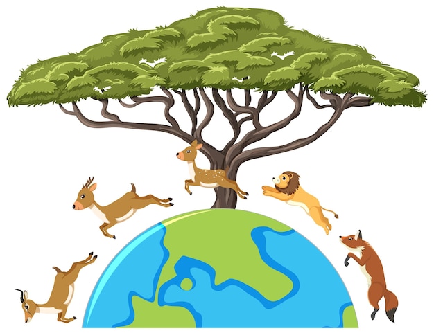 Animals jumping on the earth on white background