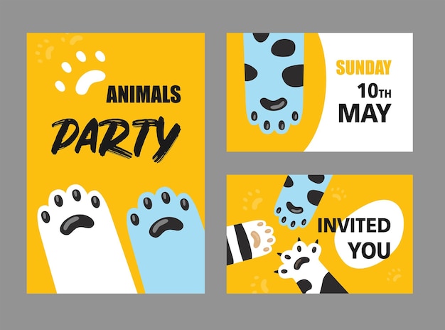 Animals party invitation cards set.