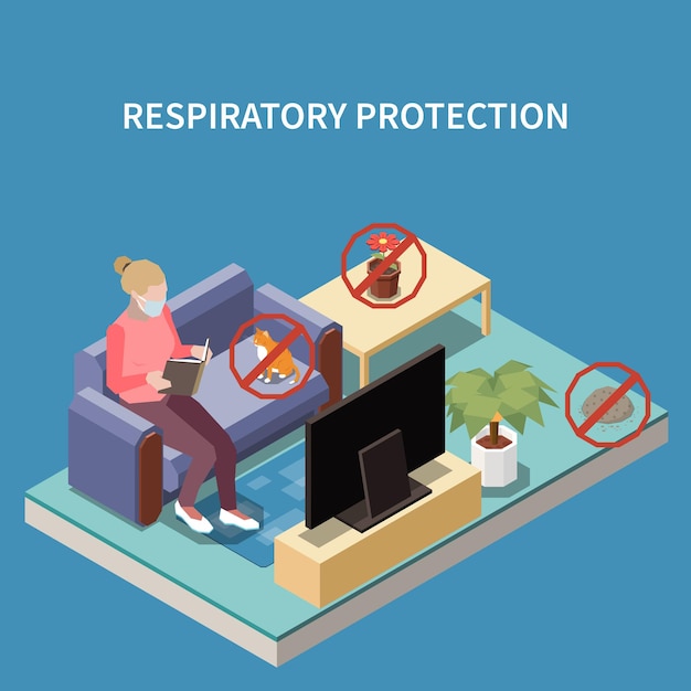 Free vector animals and pollen allergies respiratory protection isometric composition with cats owner uses disposable face mask home