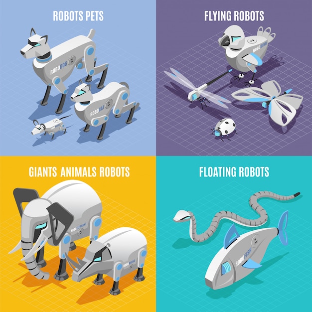 Animals robots concept 4 colorful  isometric icons square with automated pets insects fish snake