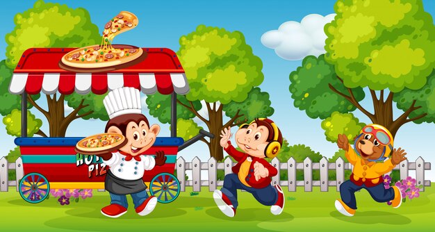 Animals serving pizza in the park