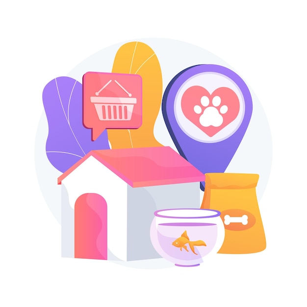 動物ショップ抽象的な概念図。動物用品のオンライン、ペット用品のeショップ、子犬の購入、薬と食品、ペット用アクセサリー、グルーミング化粧品のWebサイト
