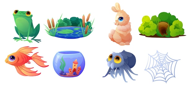 Free vector animals with habitats, spider, fish, frog, rabbit