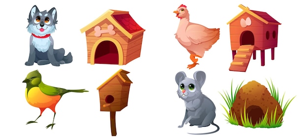 Animali con i loro habitat, cane e canile, uccellino e voliera. vector cartoon set di simpatici animali selvatici e animali domestici con la loro casa, pollo, nido, topo e tana isolati su sfondo bianco