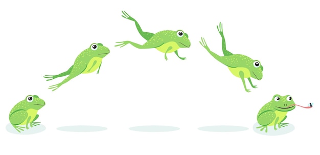 Free vector animated process of frogs leaps sequence. cartoon toad jumping for prey, catching insect illustration