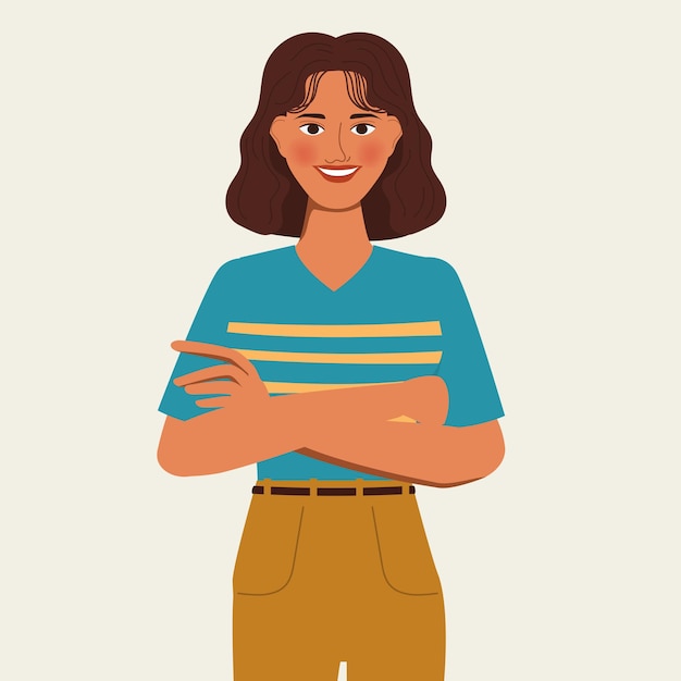 Free vector animation character portrait woman crossing arms pose. flat  design.