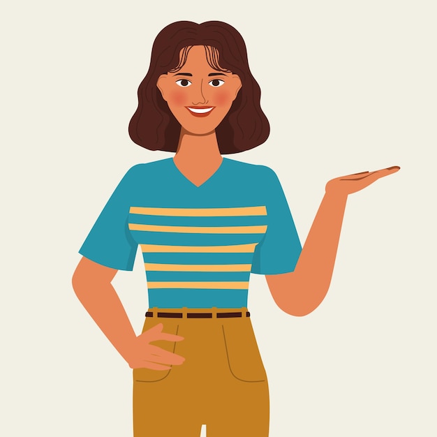 Animation character portrait woman presenting pose. Flat  design.