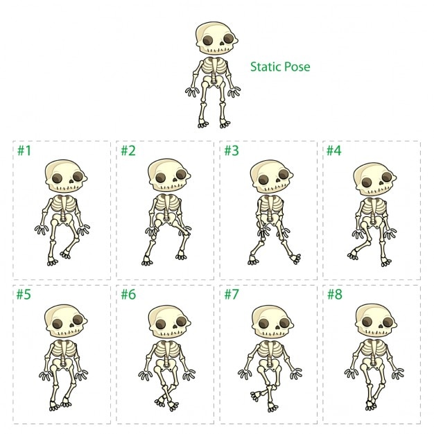 Animazione dello scheletro che cammina otto deambulatori 1 pongono vector cartoon isolato characterframes statici