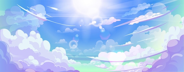 Free vector anime cloud in blue heaven sky vector background summer abstract cloudy air design with gradient and sun light with reflection beautiful calm morning game outdoor panorama with sunshine painting