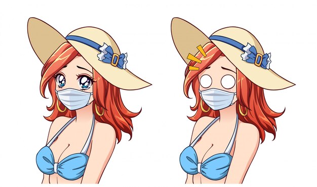 夏の帽子 ビキニ 医療マスクを身に着けているアニメのかわいい女性 2つの異なる式のセット コロナウイルス観光 手描きの背景イラスト プレミアムベクター