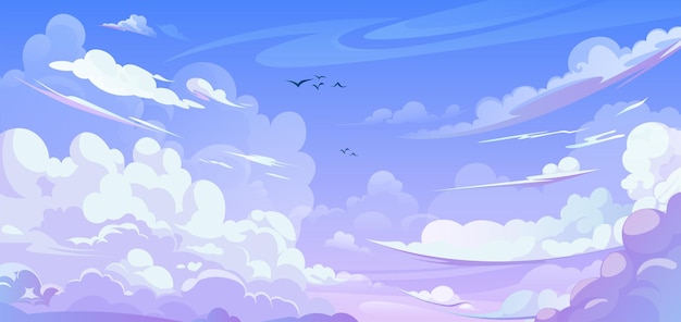 Anime style sky background with clouds vector cartoon illustration of beautiful heavenly cloudscape in pink light blue gradient colors birds flying high cloudy summer day sunrise or sunset design