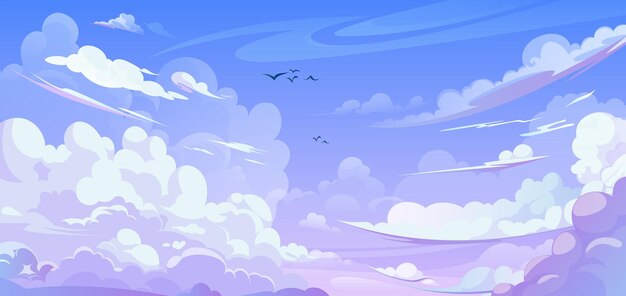 アニメスタイルの雲の空の背景 ベクトルアニメの美しい天空の雲のイラスト ピンクの明るい青のグラデーション色の鳥が高く飛んでいる 雲の多い夏の日の日の出や日没のデザイン